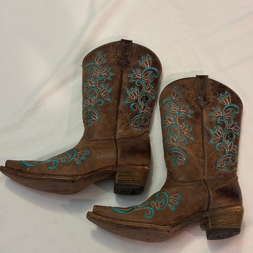 Corral Brown and Blue Teen Girls Cowgirl Western Embroidered Boots- Size 5